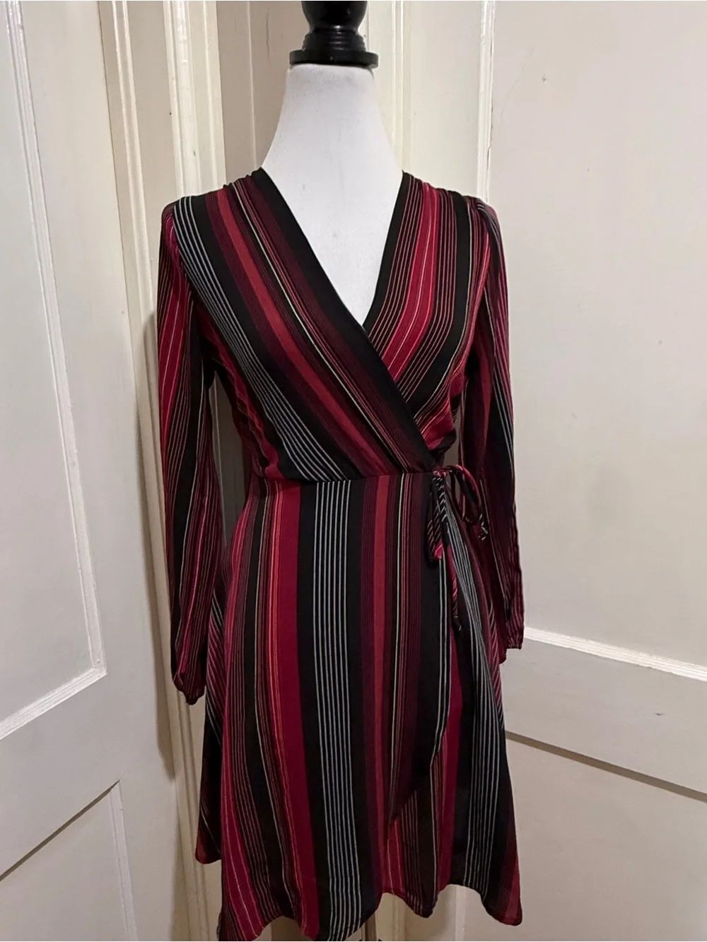 Monteau Burgundy and Black Striped Wrap Dress
